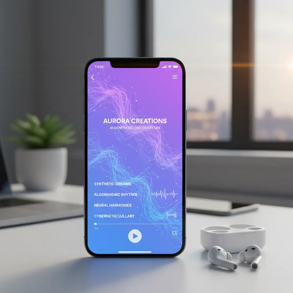 Modern smartphone displaying AI-generated music playlist with purple-blue gradient lighting and wireless earbuds nearby