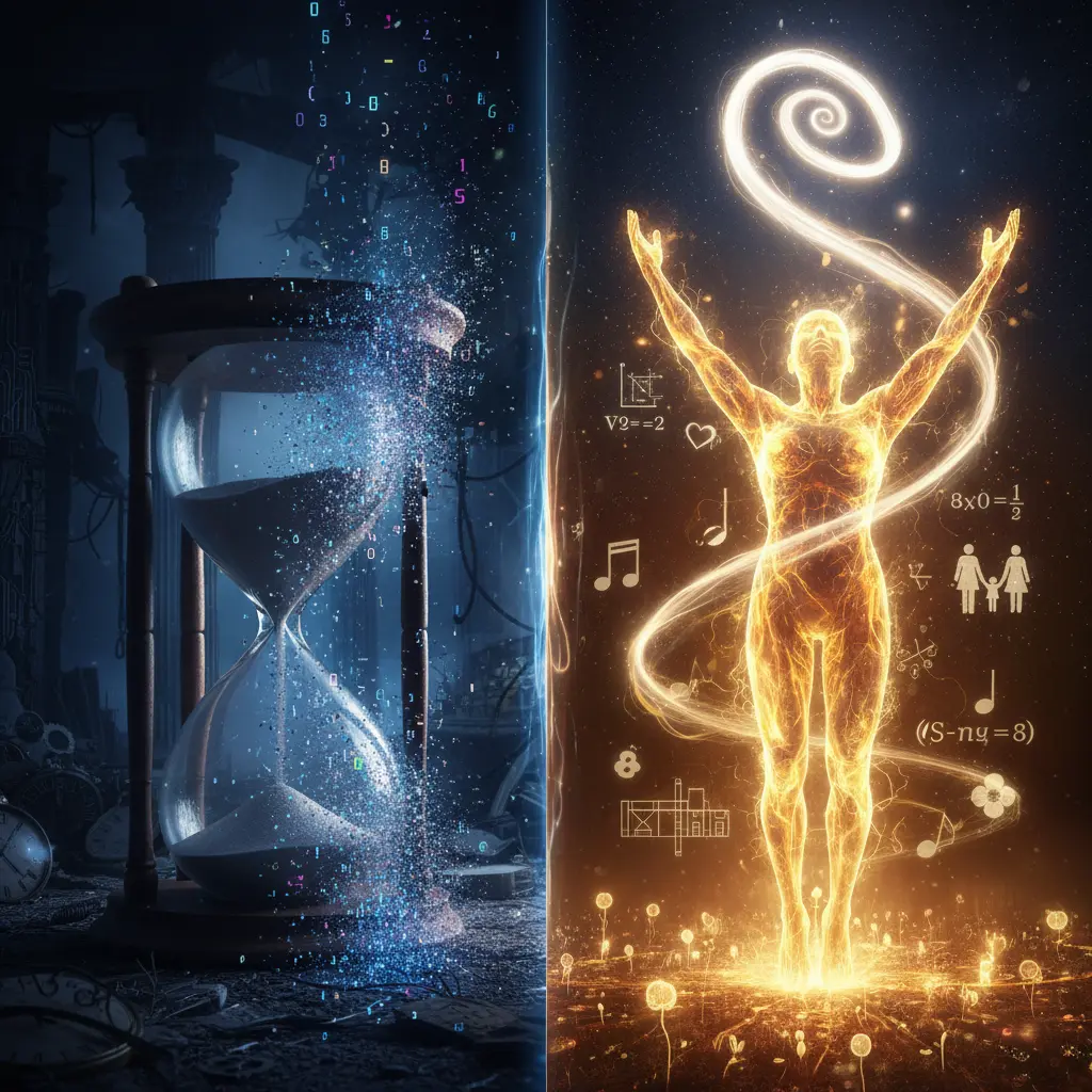 Split composition showing hourglass dissolving into digital code transforming into luminous human figure reaching toward infinite possibilities