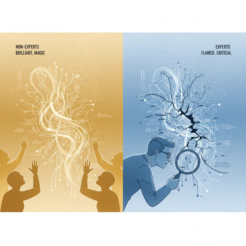 Split-screen illustration contrasting novice perception of AI as magical versus expert critical analysis revealing flaws