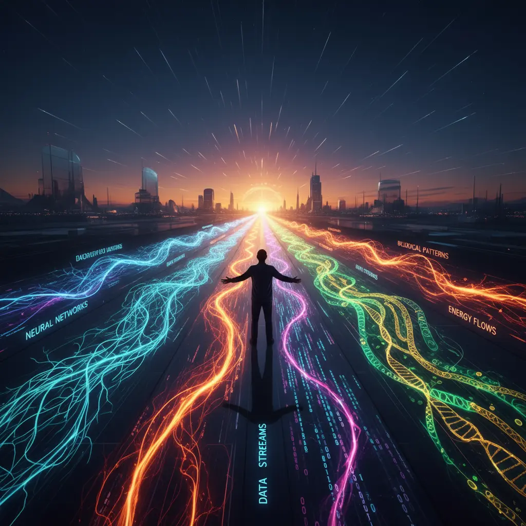 Person standing at intersection of converging light trails representing neural networks, data streams, and technology flows