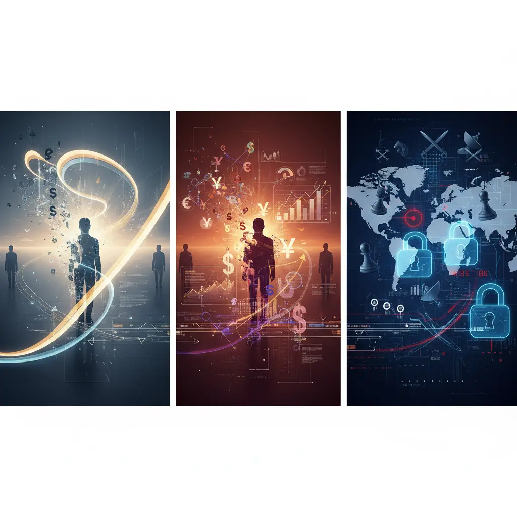 Triptych illustration showing three AI perspectives: utopian merger, economic transformation, and geopolitical tension